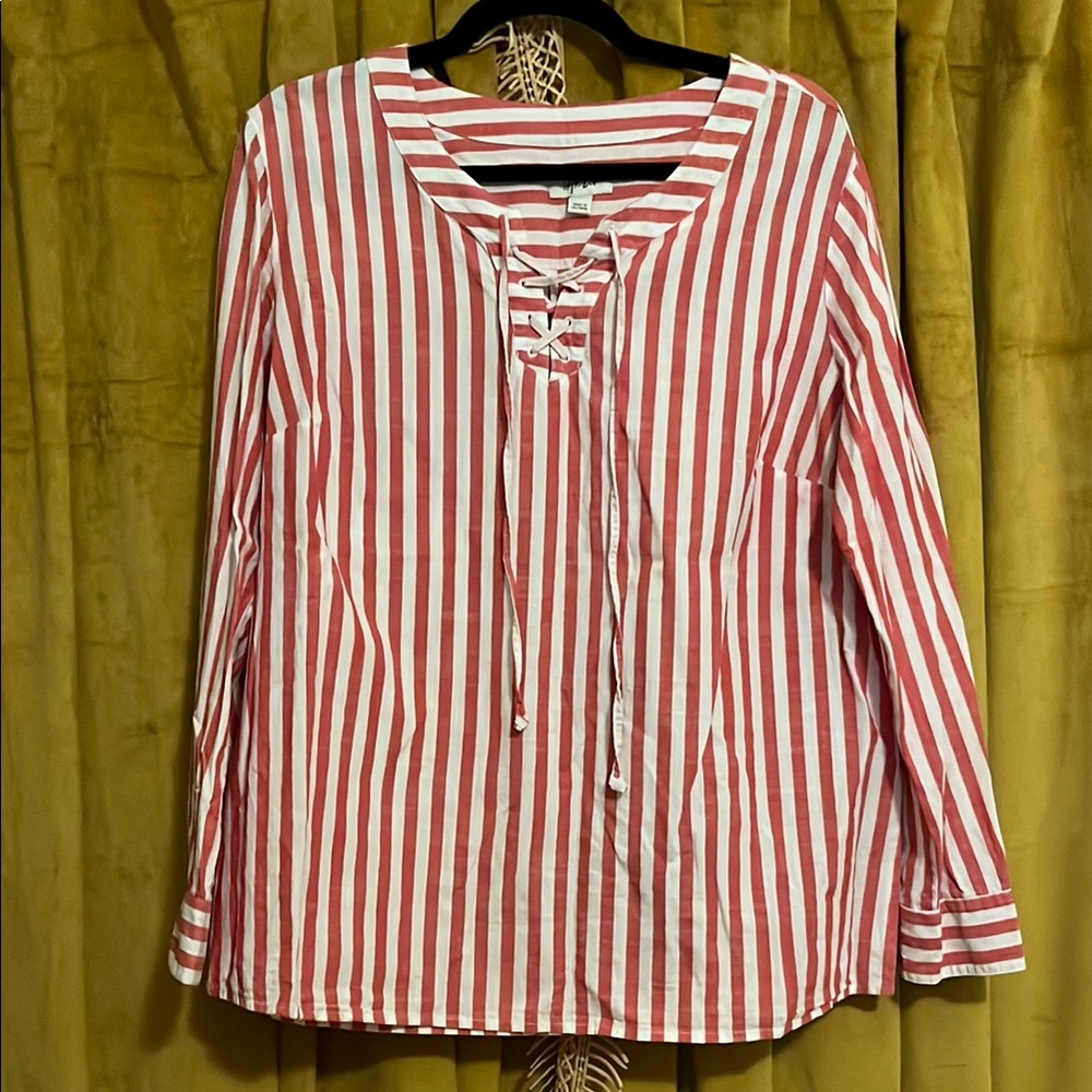 Style & Co. Red and White Lace-Up Striped Blouse